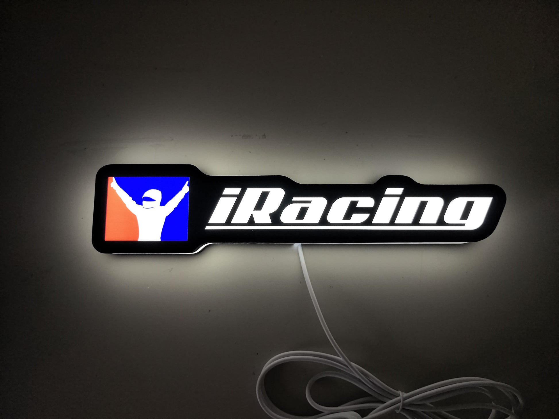 30cm Iracing Glowing Wall Art - Illuminated flat lay front view, perfect for garage and man cave decor