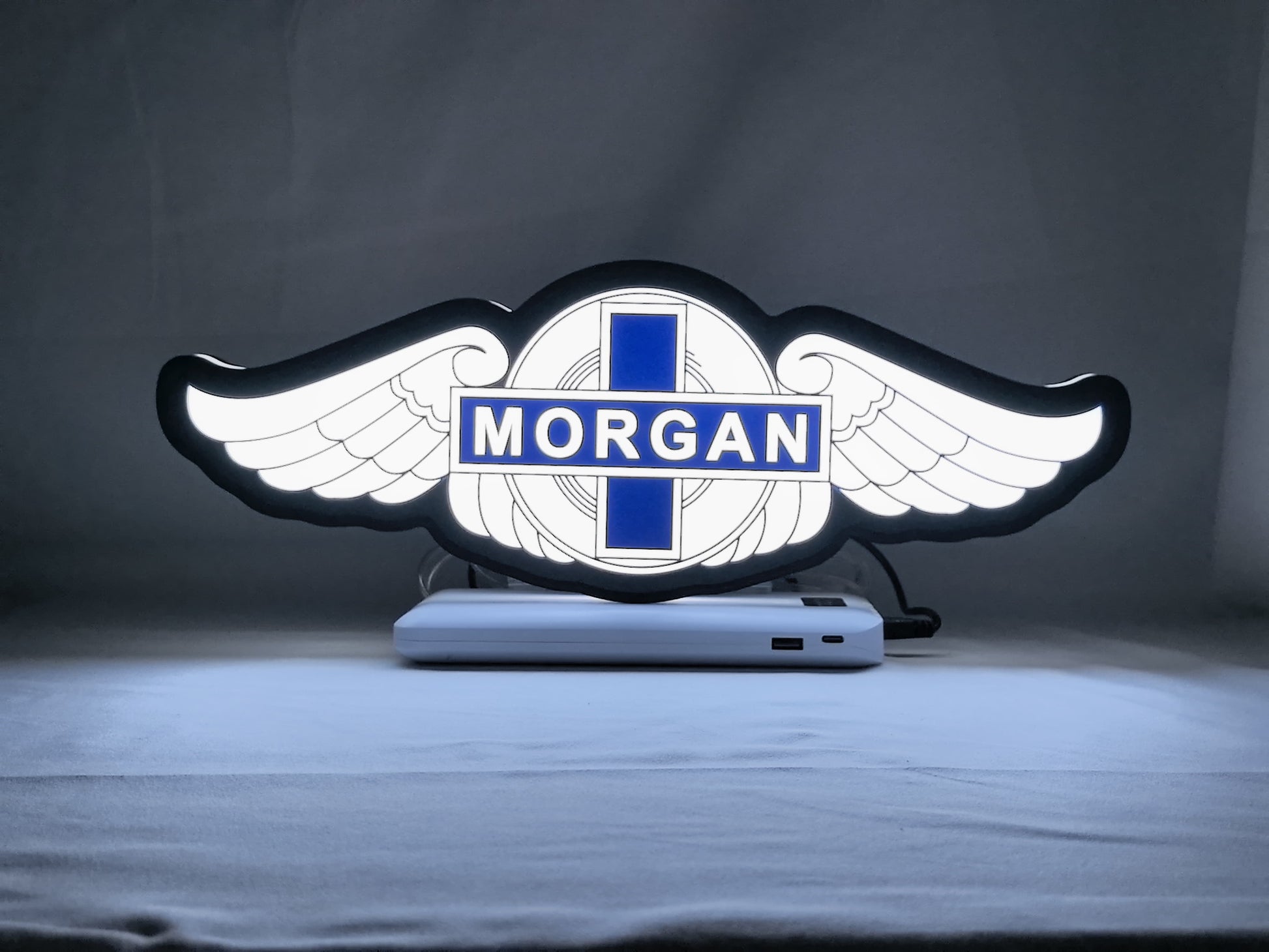 Illuminated front view standing of Morgan Motors Illuminated Sign in 30cm, unique wall art for desk and room decor