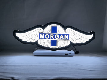 Illuminated front view standing of Morgan Motors Illuminated Sign in 30cm, unique wall art for desk and room decor