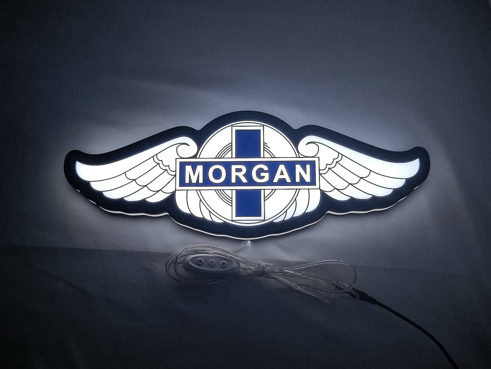 Morgan Motors LED Sign (30cm) - Illuminated flat lay front view, unique wall art for desk and room decor