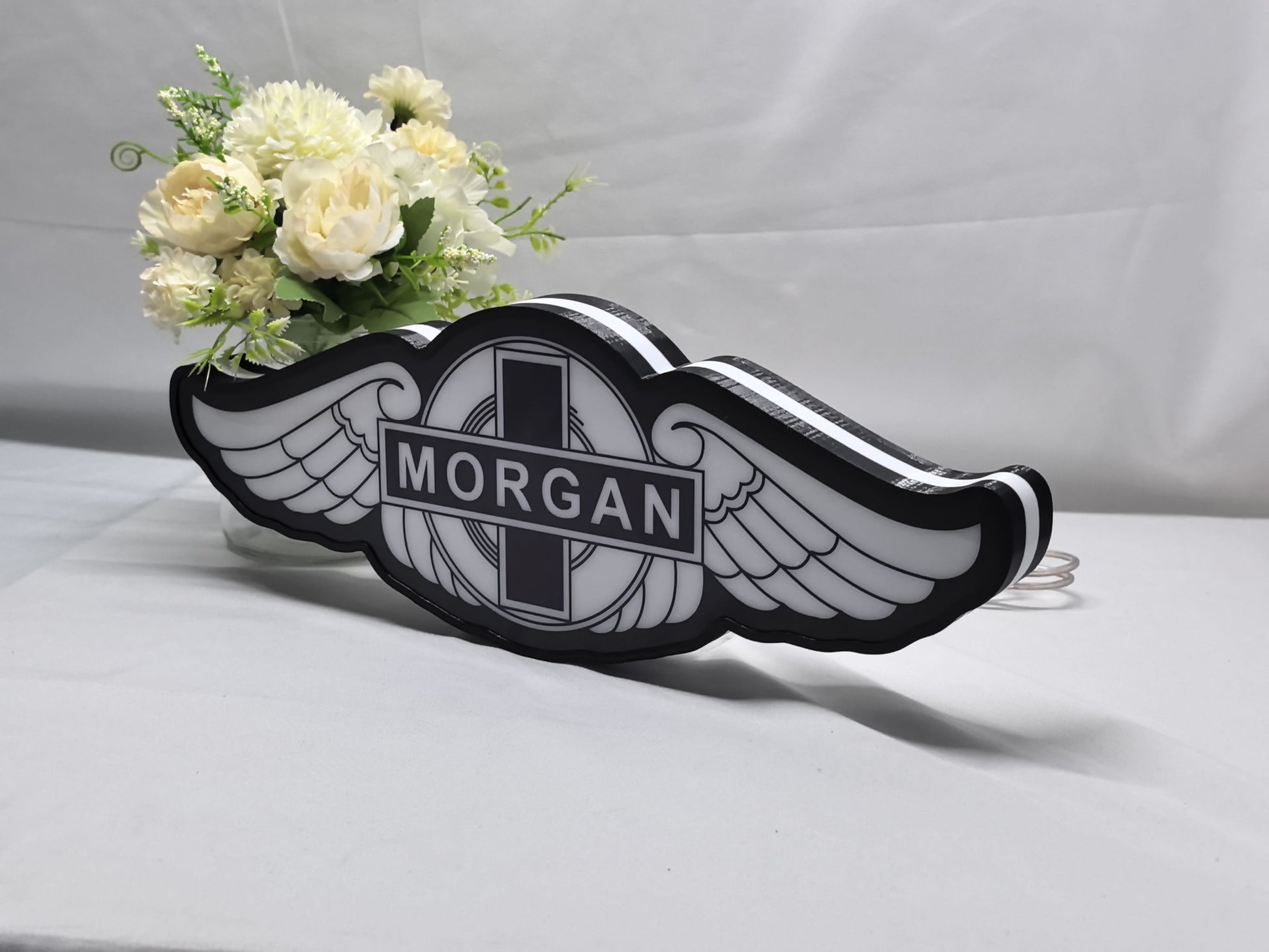 30cm Morgan Motors 3D Printed Sign - Unlit angled details standing, unique wall art for desk and room decor