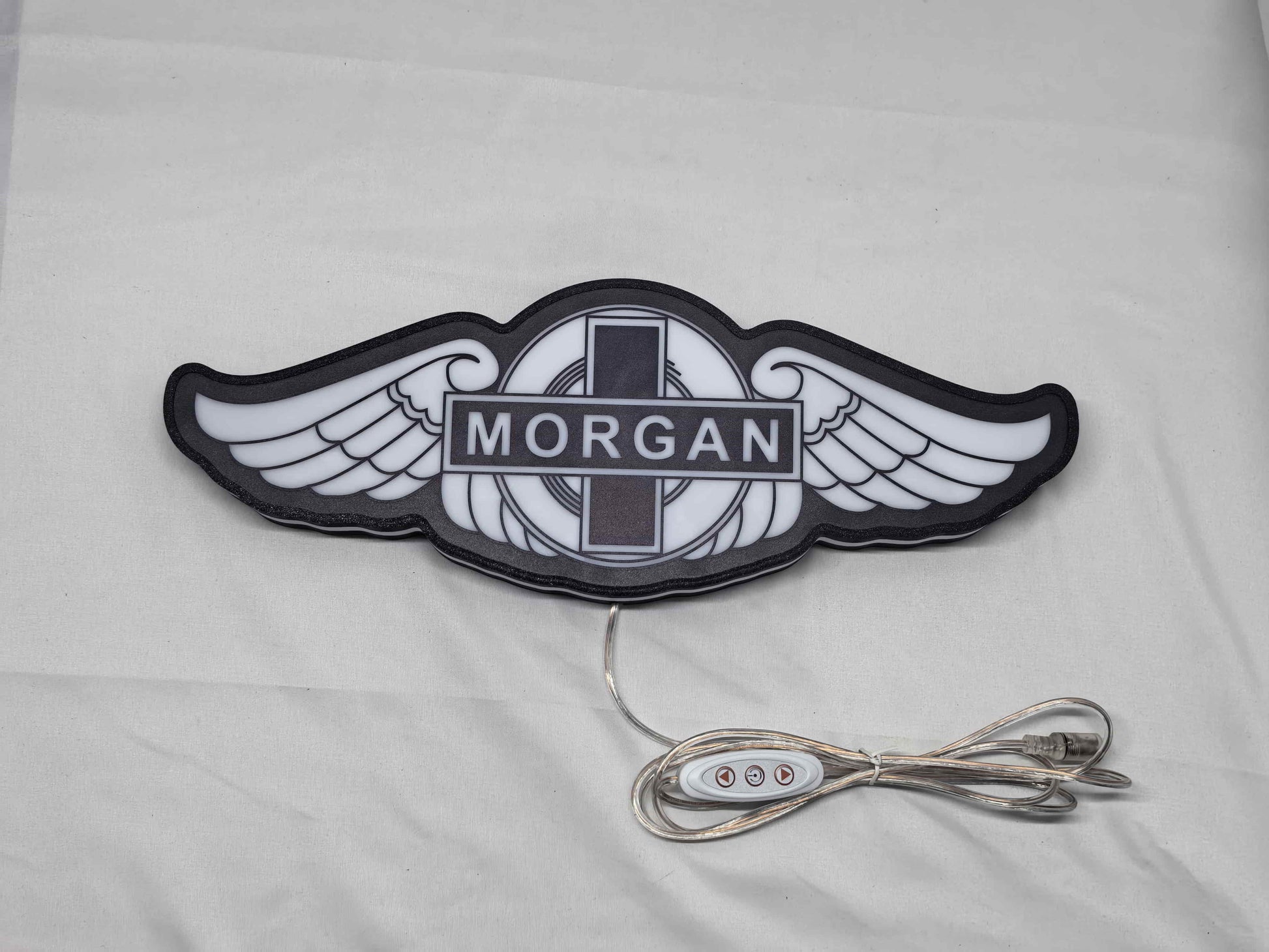Morgan Motors LED Light Box (30cm) - Unlit flat lay front details, unique wall art for desk and room decor