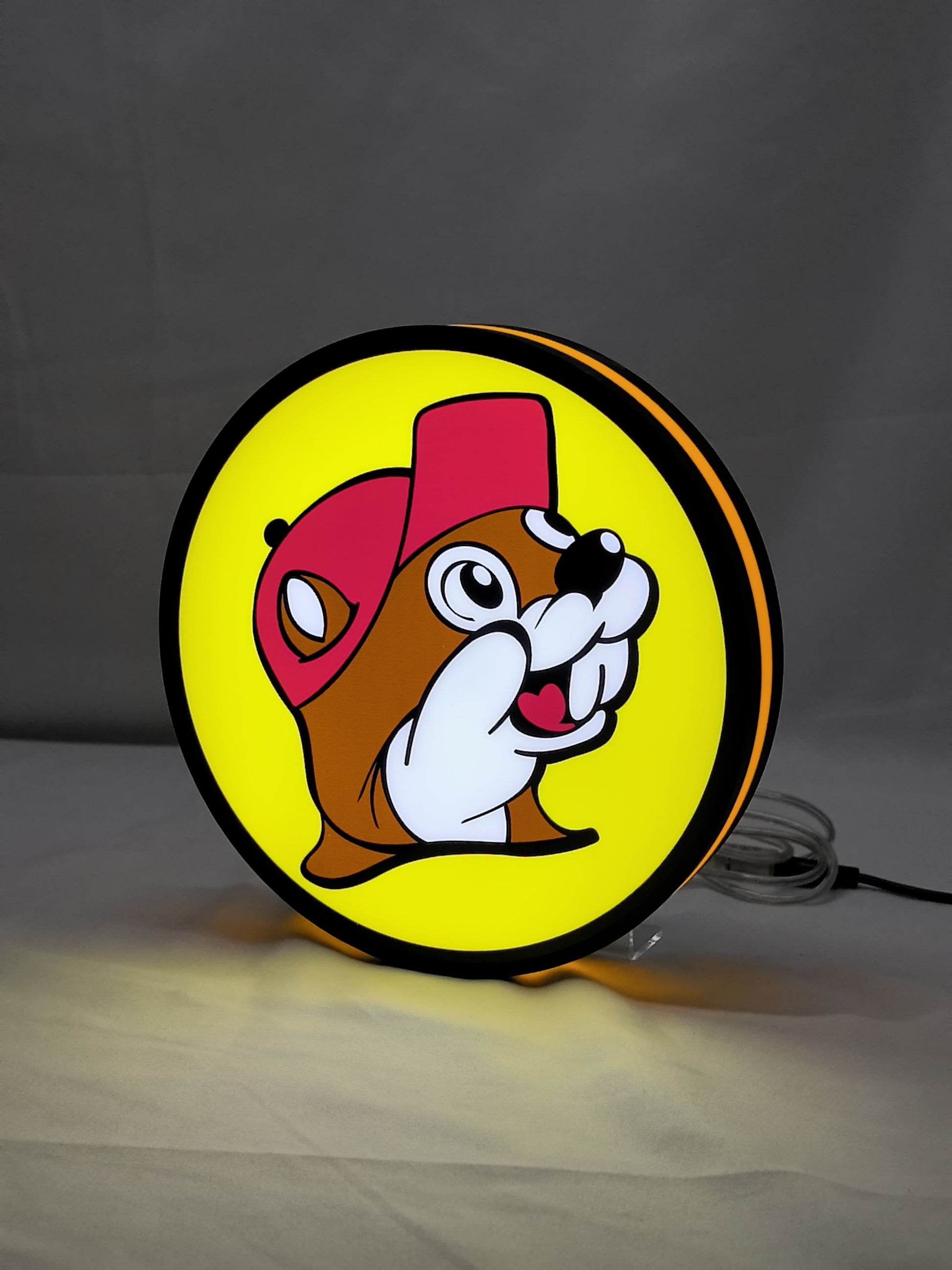 20cm Buc Ee S Beaver Mascot 3D Printed Sign - Illuminated angled view standing, unique wall art for desk and room decor