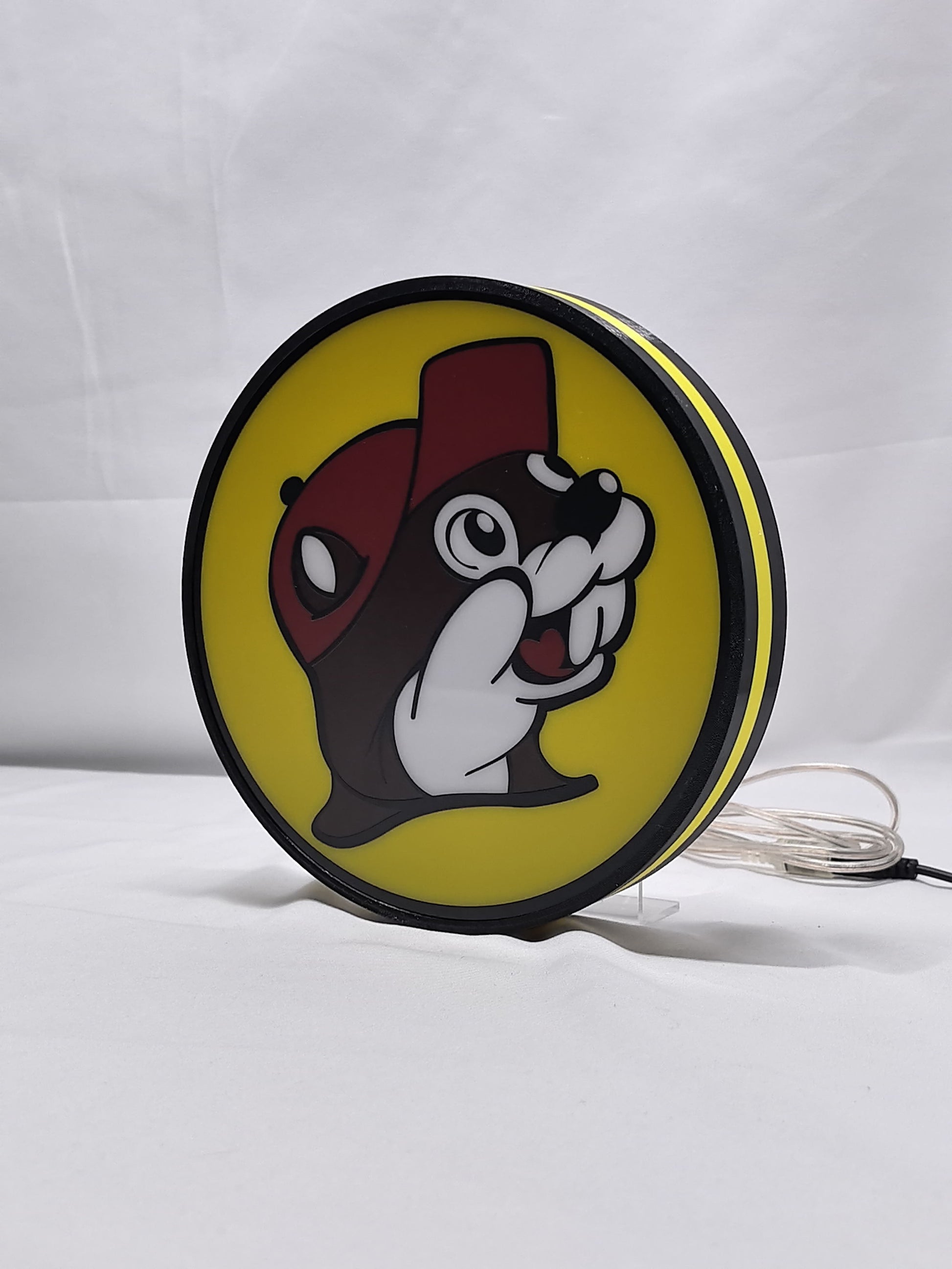 Unlit angled details standing of Buc Ee S Beaver Mascot Illuminated Sign in 20cm, unique wall art for desk and room decor