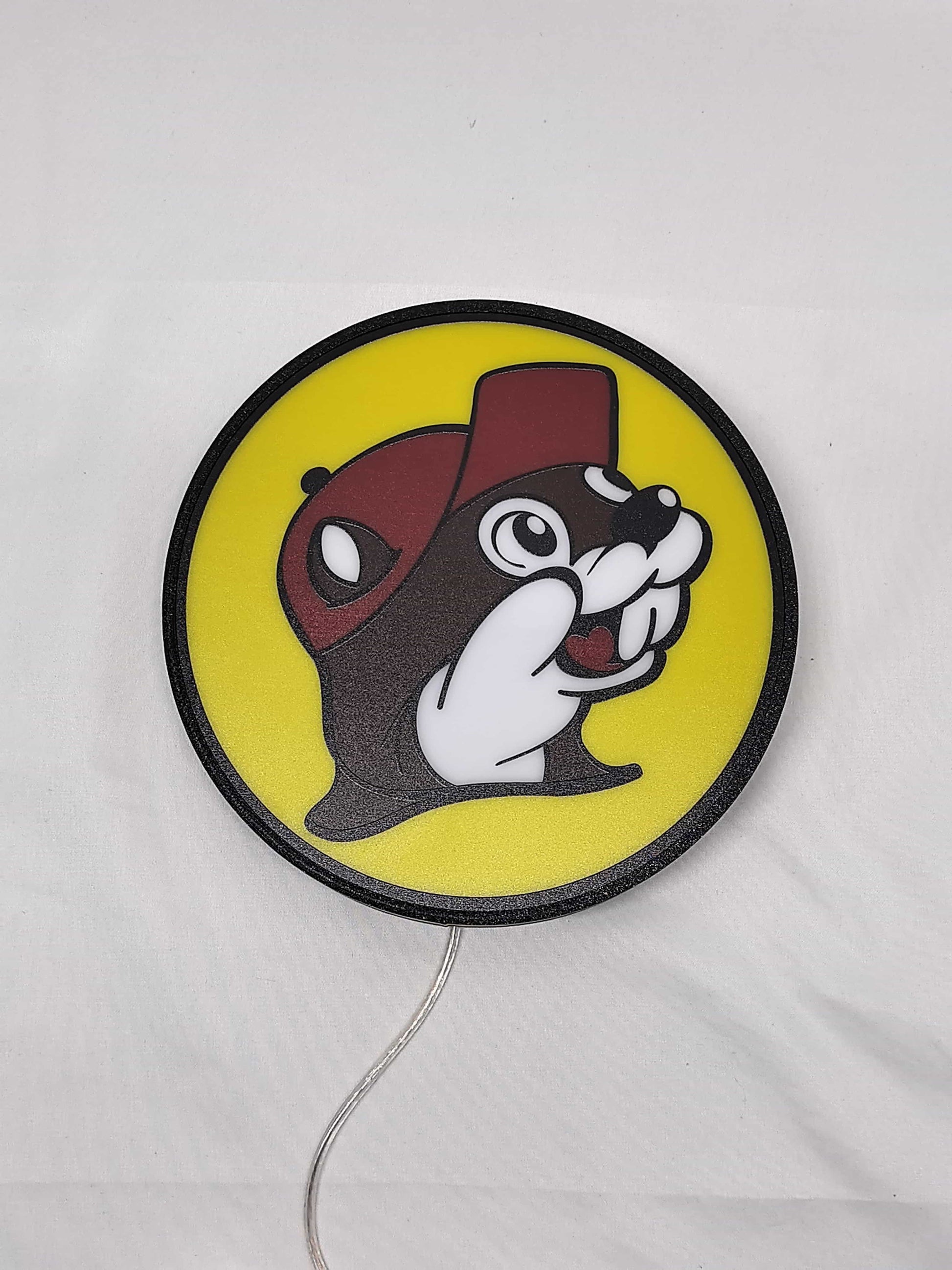 20cm Buc Ee S Beaver Mascot Glowing Wall Art - Unlit flat lay front details, unique wall art for desk and room decor