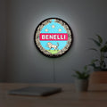 Benelli Motorcycle LED lightbox hanging on a room wall with soft white light