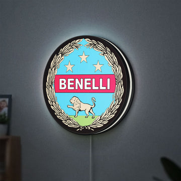 Benelli Motorcycle LED lightbox hanging on a wall with white glow