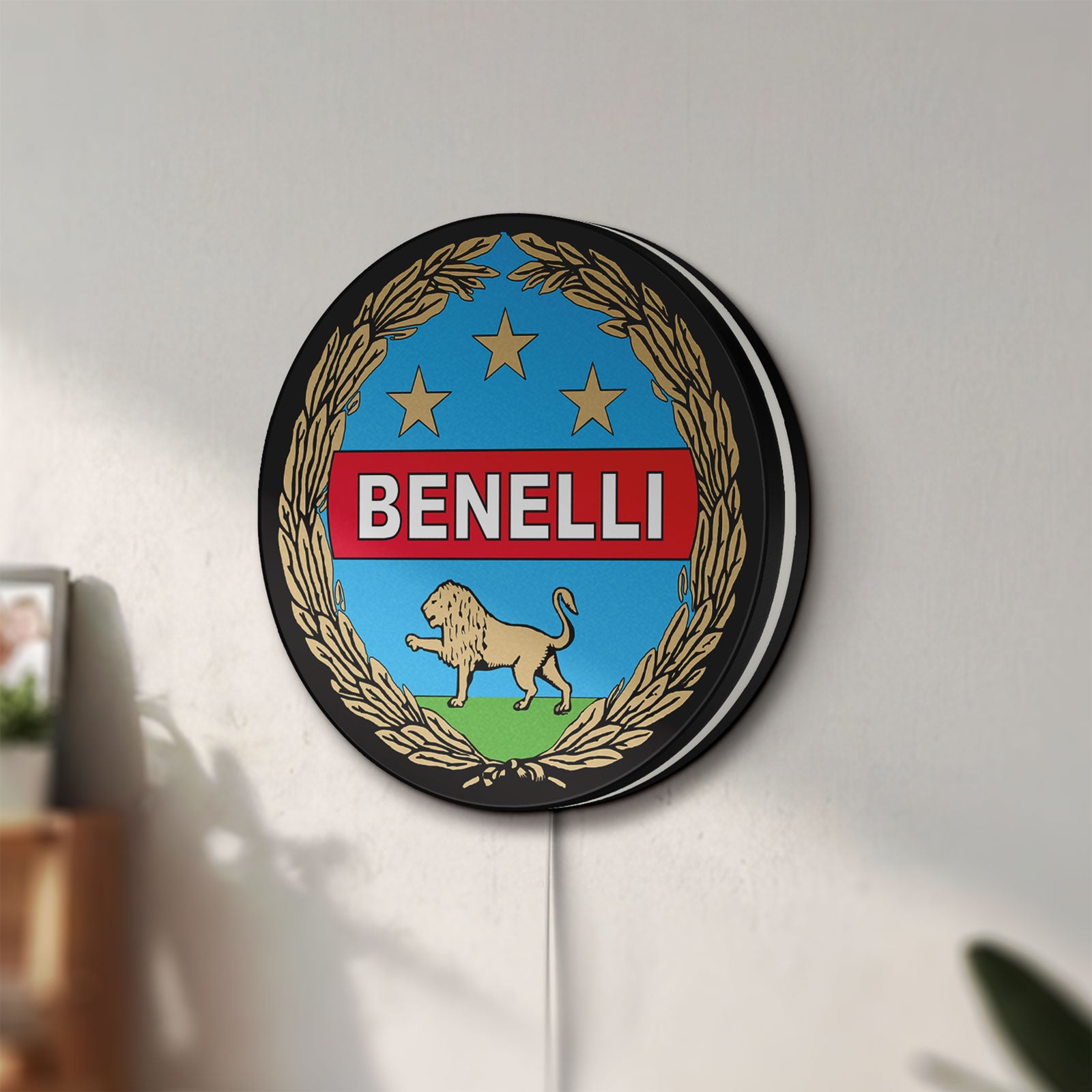 Unlit Benelli Motorcycle LED lightbox mounted on a wall in daylight