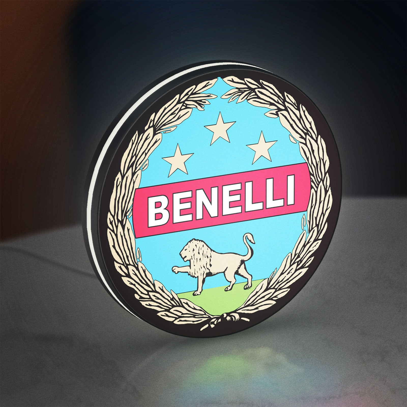 Benelli Motorcycle LED lightbox standing on a desk from an angled side view with white glow
