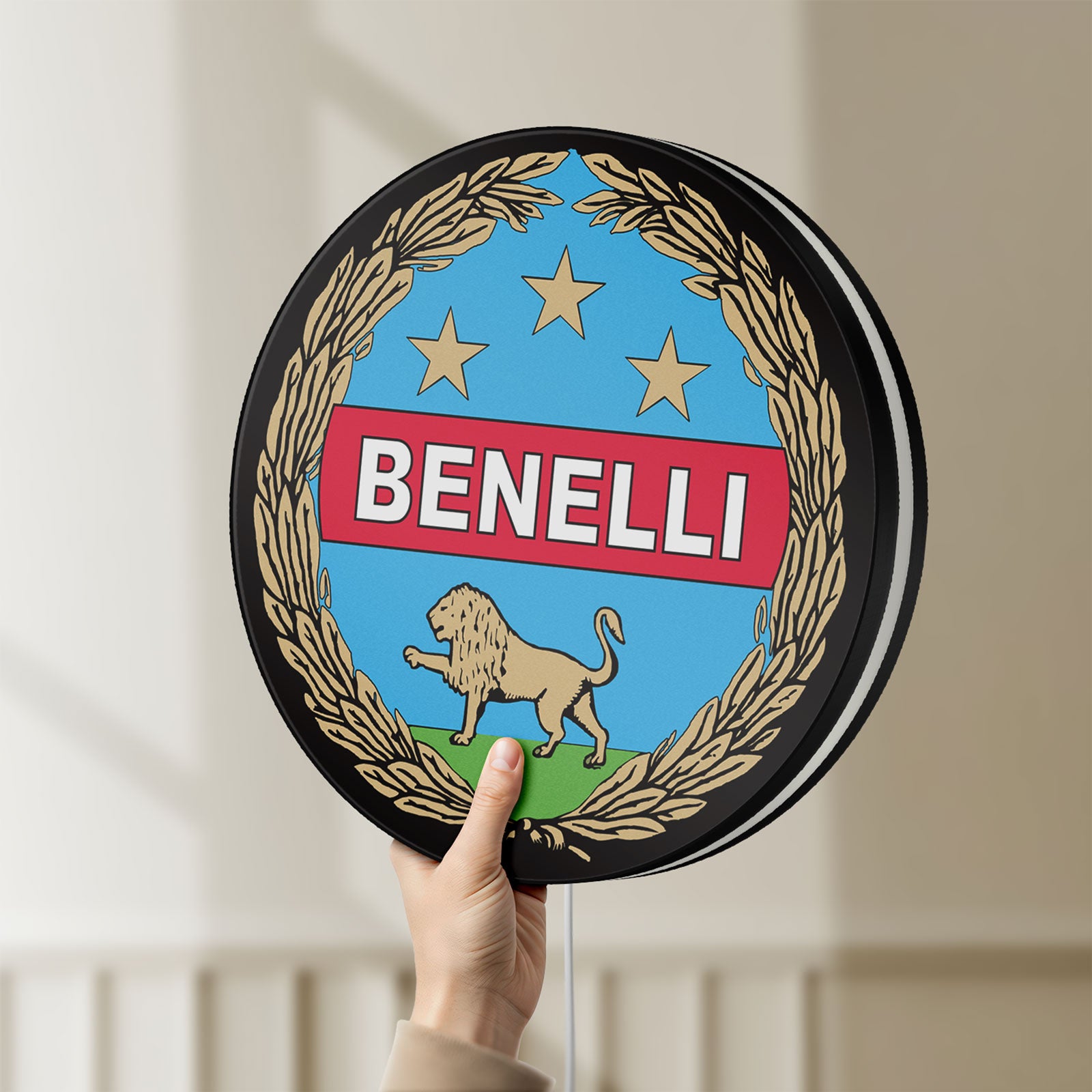 Unlit Benelli Motorcycle LED lightbox held by hand to show size and details