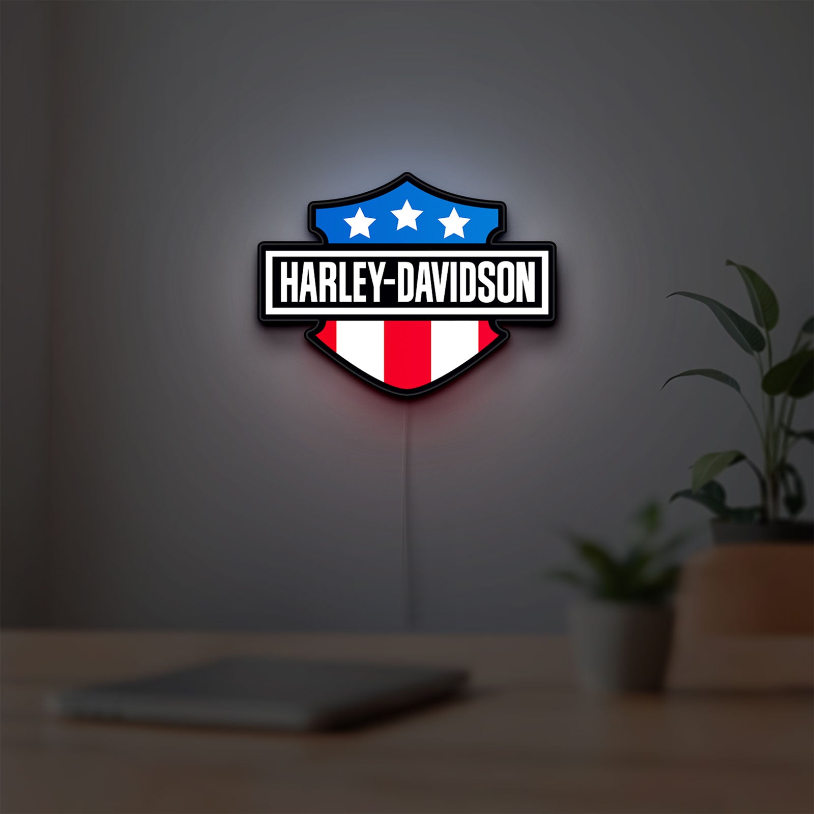 Harley Shield Motorcycle LED lightbox hanging on a room wall with soft white light
