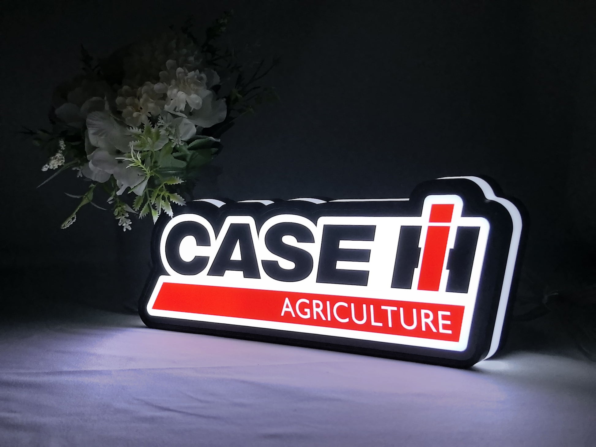 Illuminated angled view standing of Case Ih Agriculture Illuminated Sign in 30cm, unique wall art for desk and room decor
