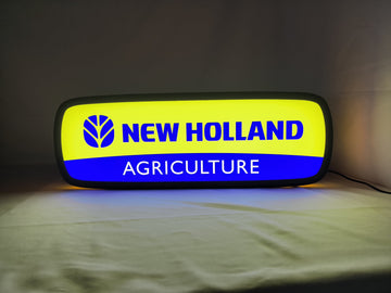 Illuminated front view standing of New Holland Agriculture Illuminated Sign in 50cm, perfect for garage and man cave decor