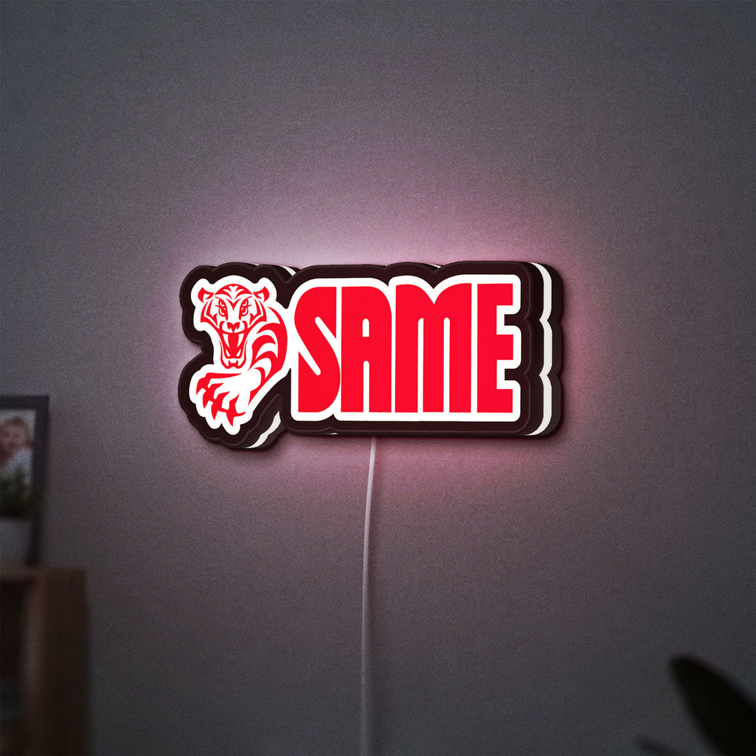 SAME LED lightbox hanging on a wall with white glow
