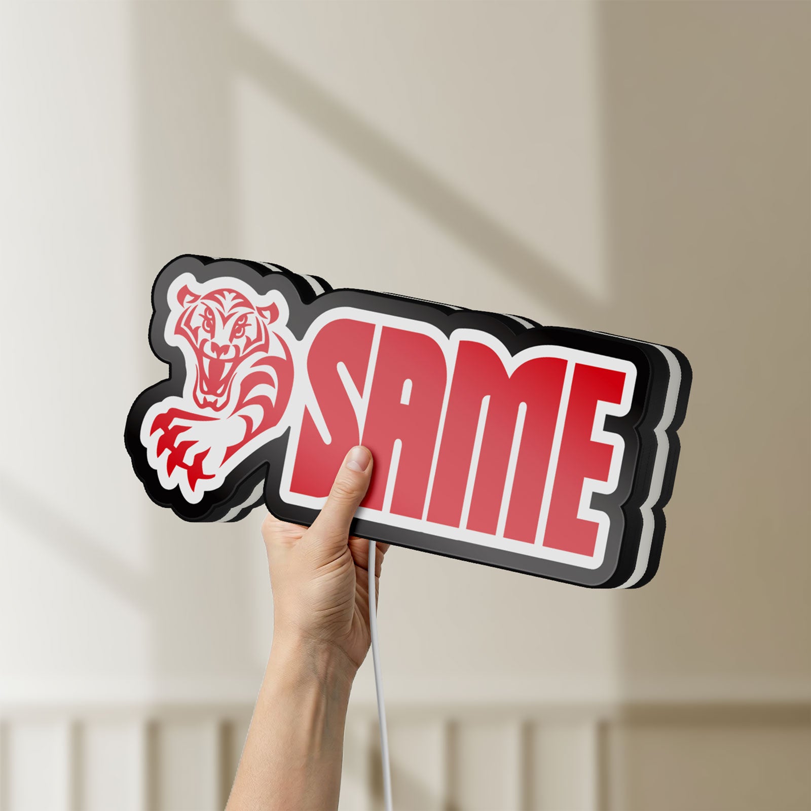 Unlit SAME LED lightbox held by hand to show size and details