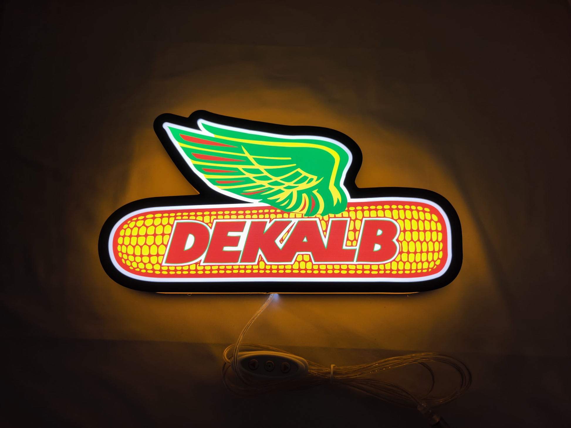 Dekalb LED Sign (30cm) - Illuminated flat lay front view, unique wall art for desk and room decor