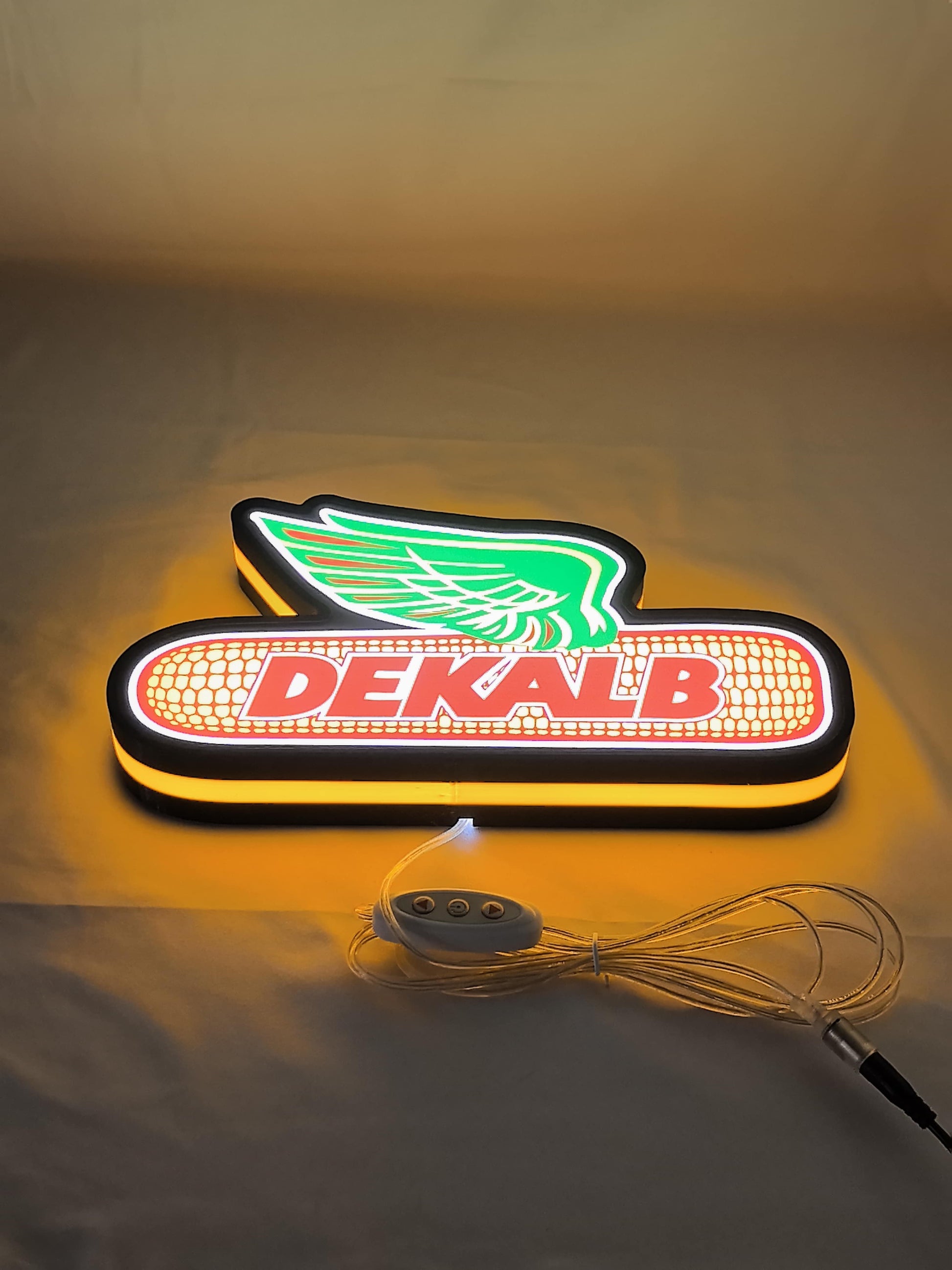 Illuminated flat lay angled view of Dekalb Illuminated Sign in 30cm, unique wall art for desk and room decor