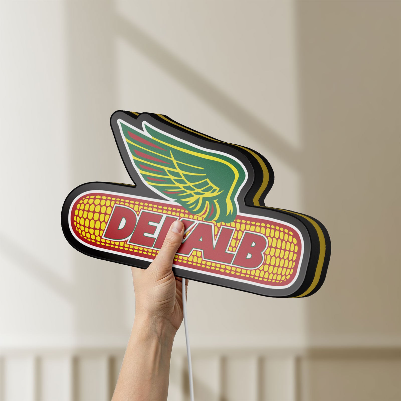 Unlit Dekalb LED lightbox held by hand to show size and details