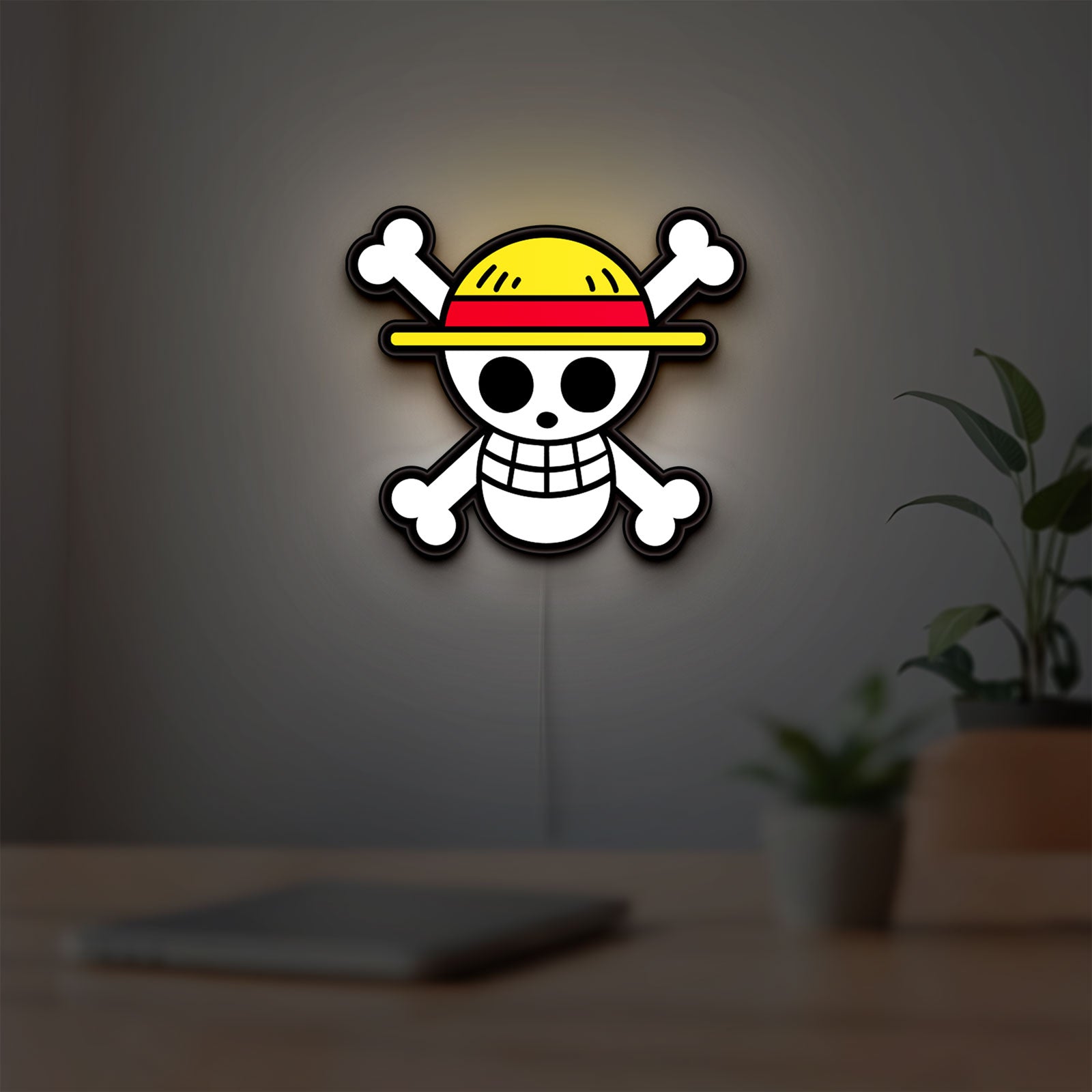 One Piece Mugiwara Flag LED lightbox hanging on a room wall with soft white light