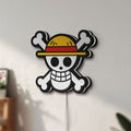 Unlit One Piece Mugiwara Flag LED lightbox mounted on a wall in daylight