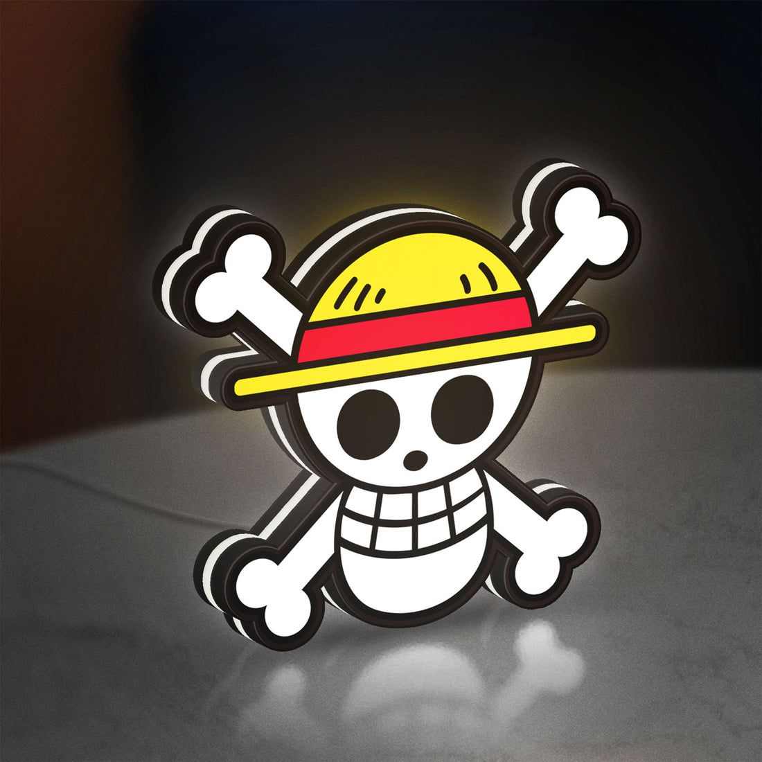 One Piece Mugiwara Flag LED lightbox hanging on a wall with white glow