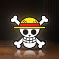 Front view of One Piece Mugiwara Flag LED lightbox sign glowing on a wooden desk