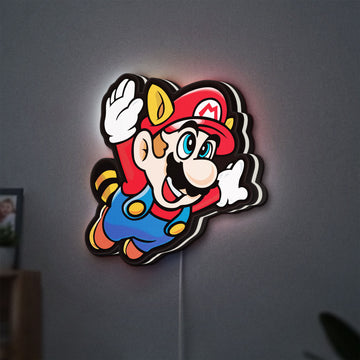 Super Mario Bros 3 LED lightbox hanging on a wall with white glow