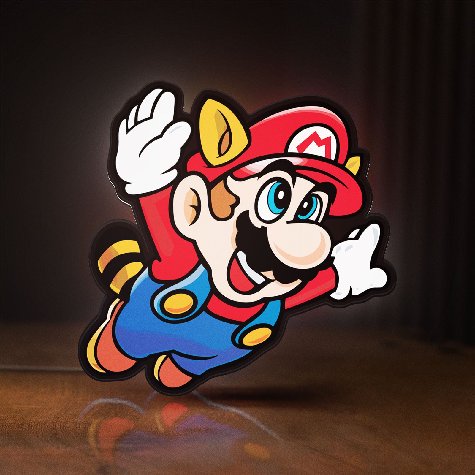 Front view of Super Mario Bros 3 LED lightbox sign glowing on a wooden desk