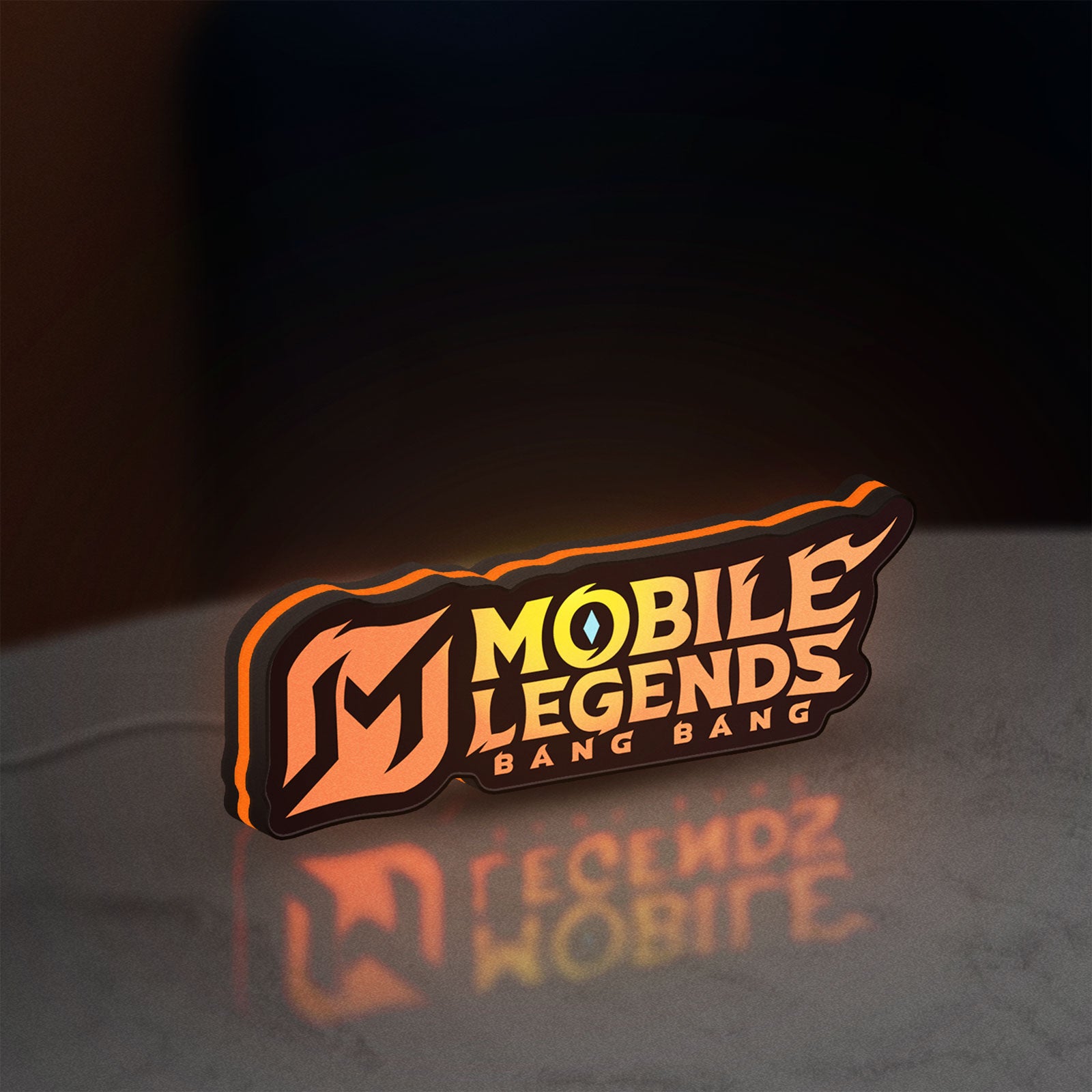 Mobile Legends LED lightbox standing on a desk from an angled side view with orange glow