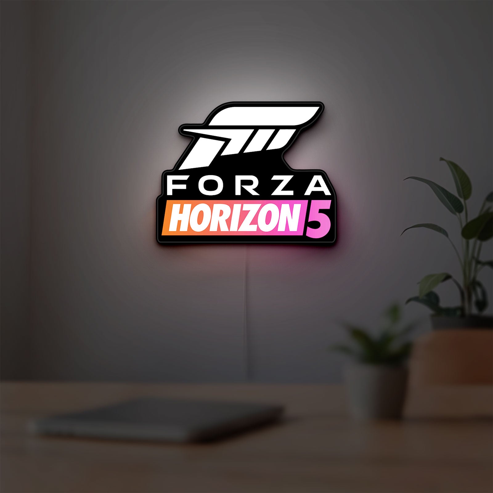 Forza Horizon 5 LED lightbox hanging on a room wall with soft white light