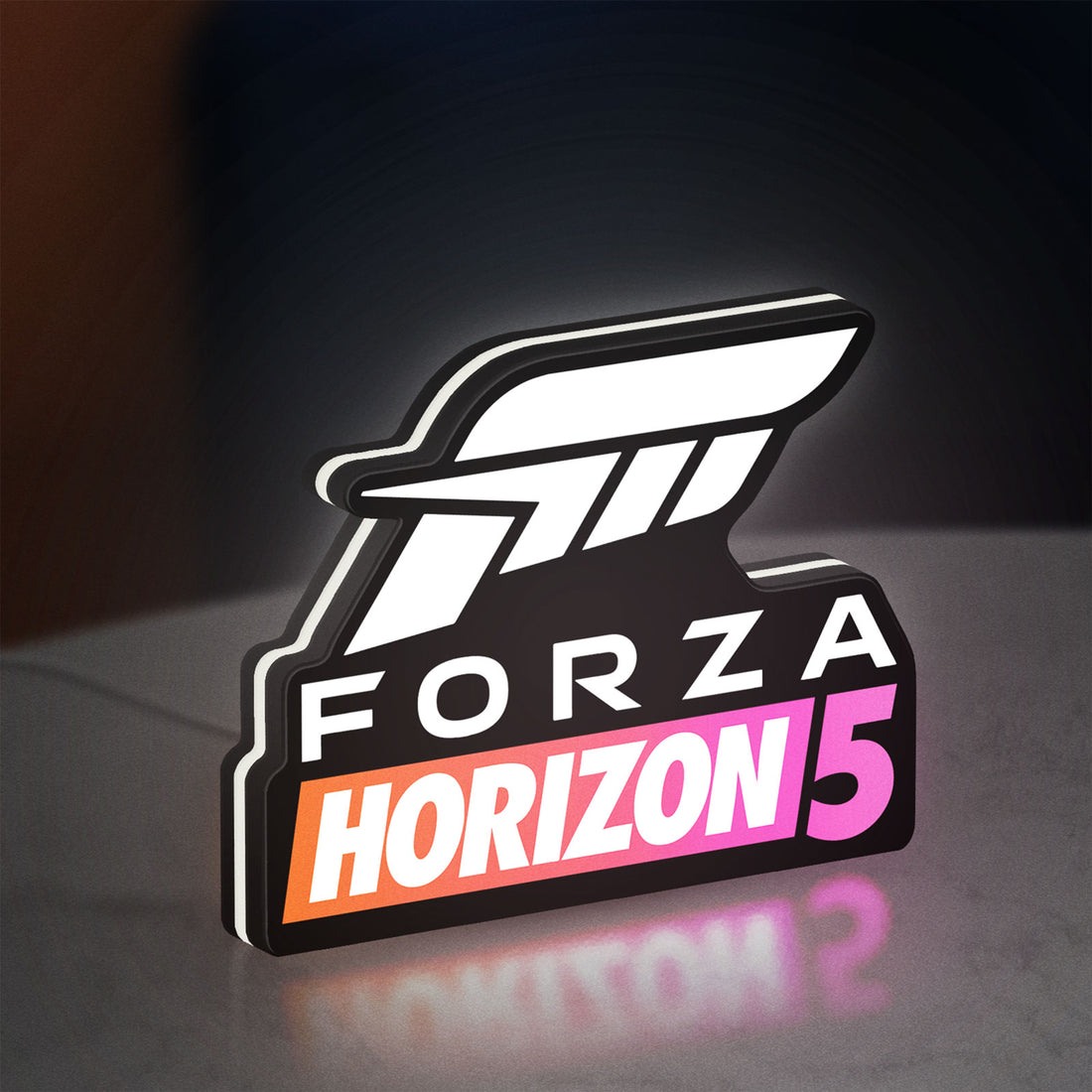 Forza Horizon 5 LED lightbox hanging on a wall with white glow