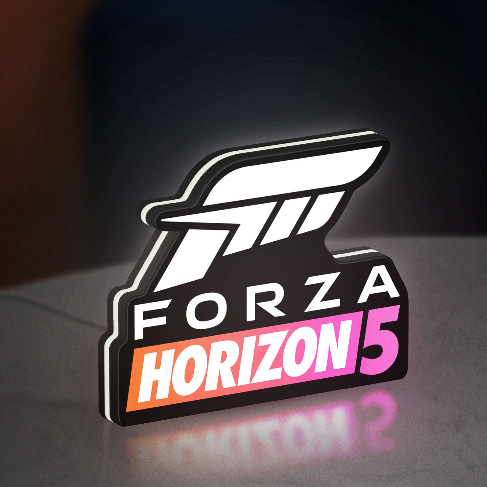 Forza Horizon 5 LED lightbox standing on a desk from an angled side view with white glow