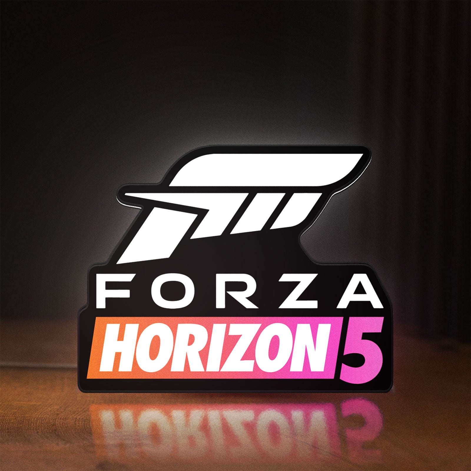 Front view of Forza Horizon 5 LED lightbox sign glowing on a wooden desk