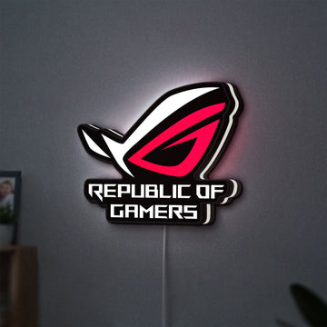Republic Of Gamers New LED lightbox hanging on a wall with white glow