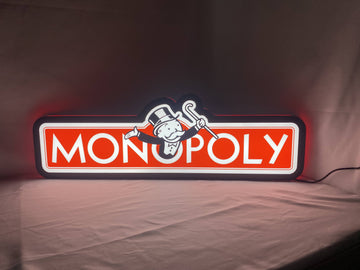 60cm Monopoly Money Bag 3D Printed Sign - Illuminated front view standing, unique wall art for desk and room decor