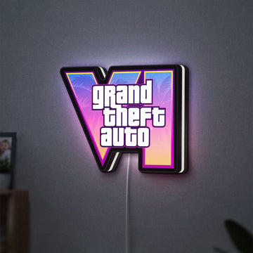 GTA VI LED lightbox hanging on a wall with white glow