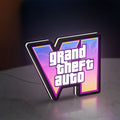GTA VI LED lightbox standing on a desk from an angled side view with white glow