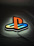 Playstation LED Light Box (20cm) - Illuminated flat lay angled view, unique wall art for desk and room decor