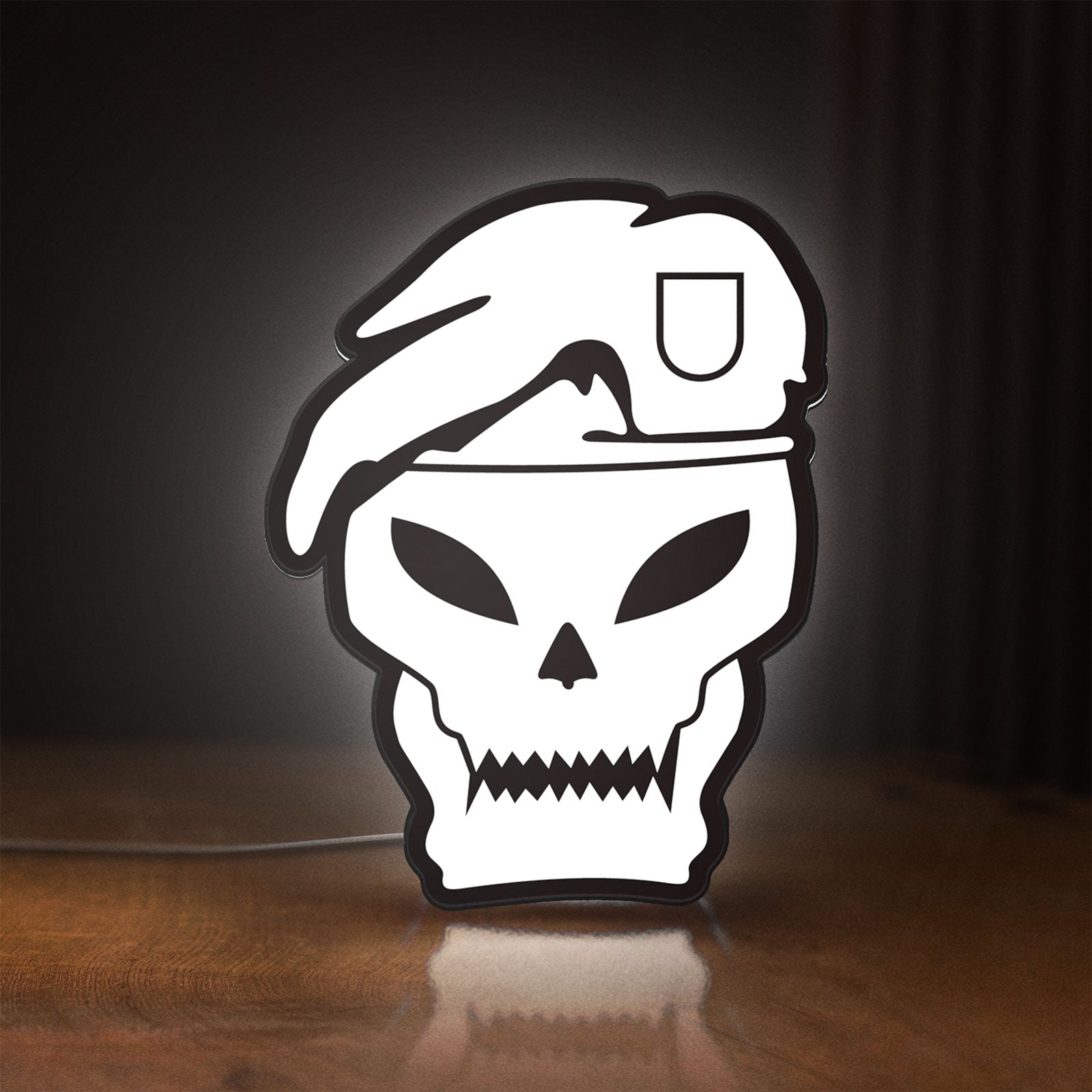 Front view of Call of Duty Black Ops LED lightbox sign glowing on a wooden desk
