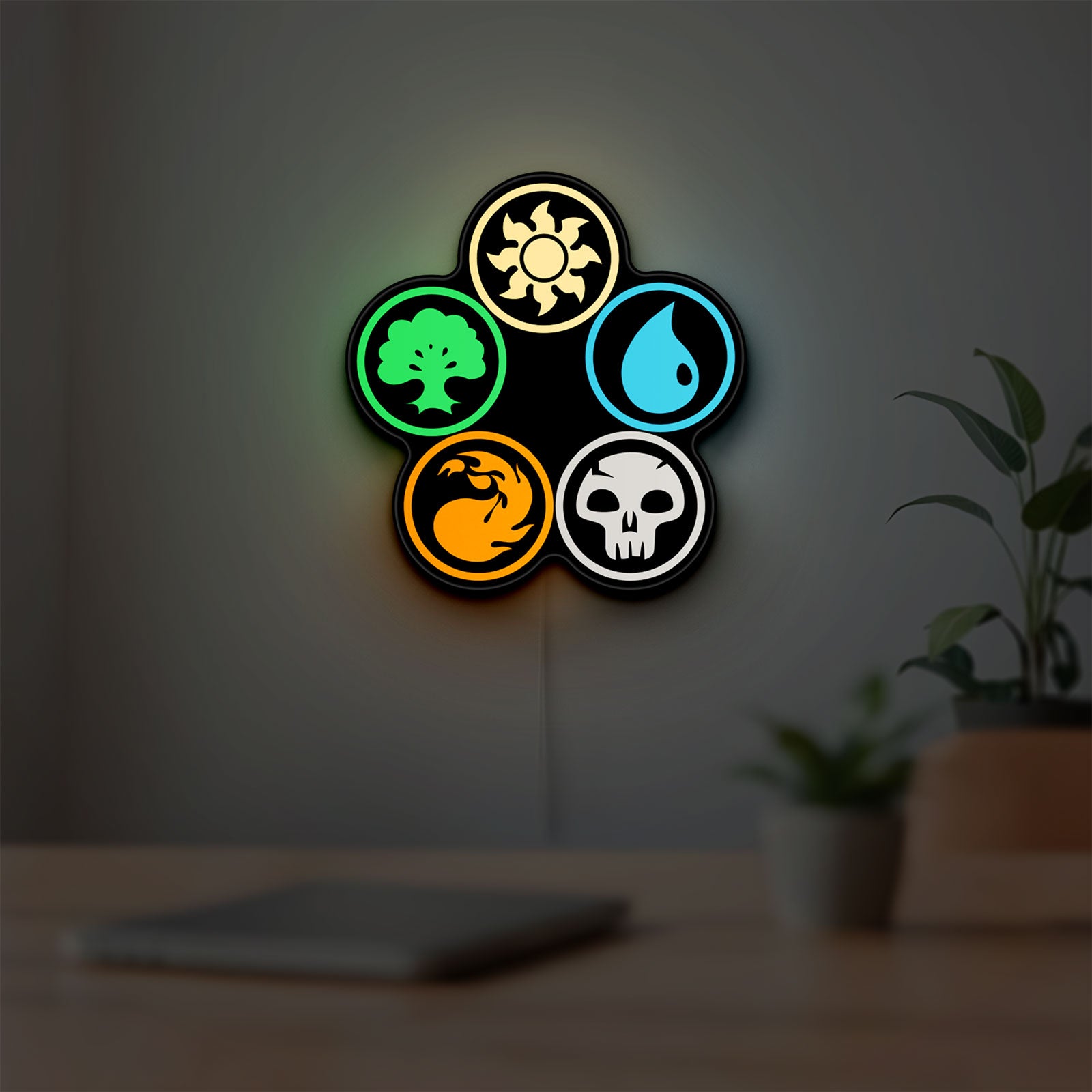 Magic The Gathering LED lightbox hanging on a room wall with soft yellow light