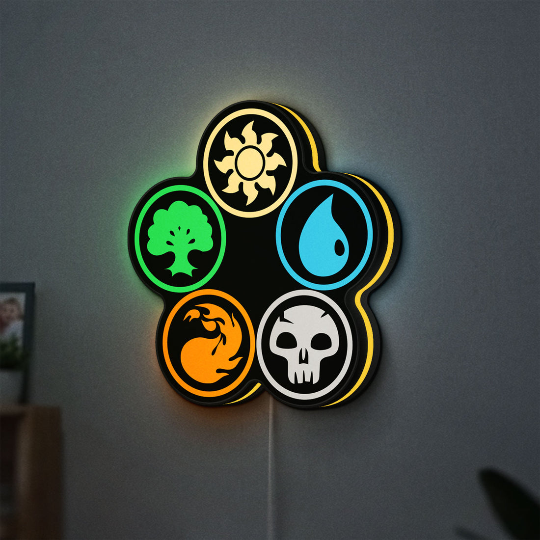 Magic The Gathering LED lightbox hanging on a wall with yellow glow