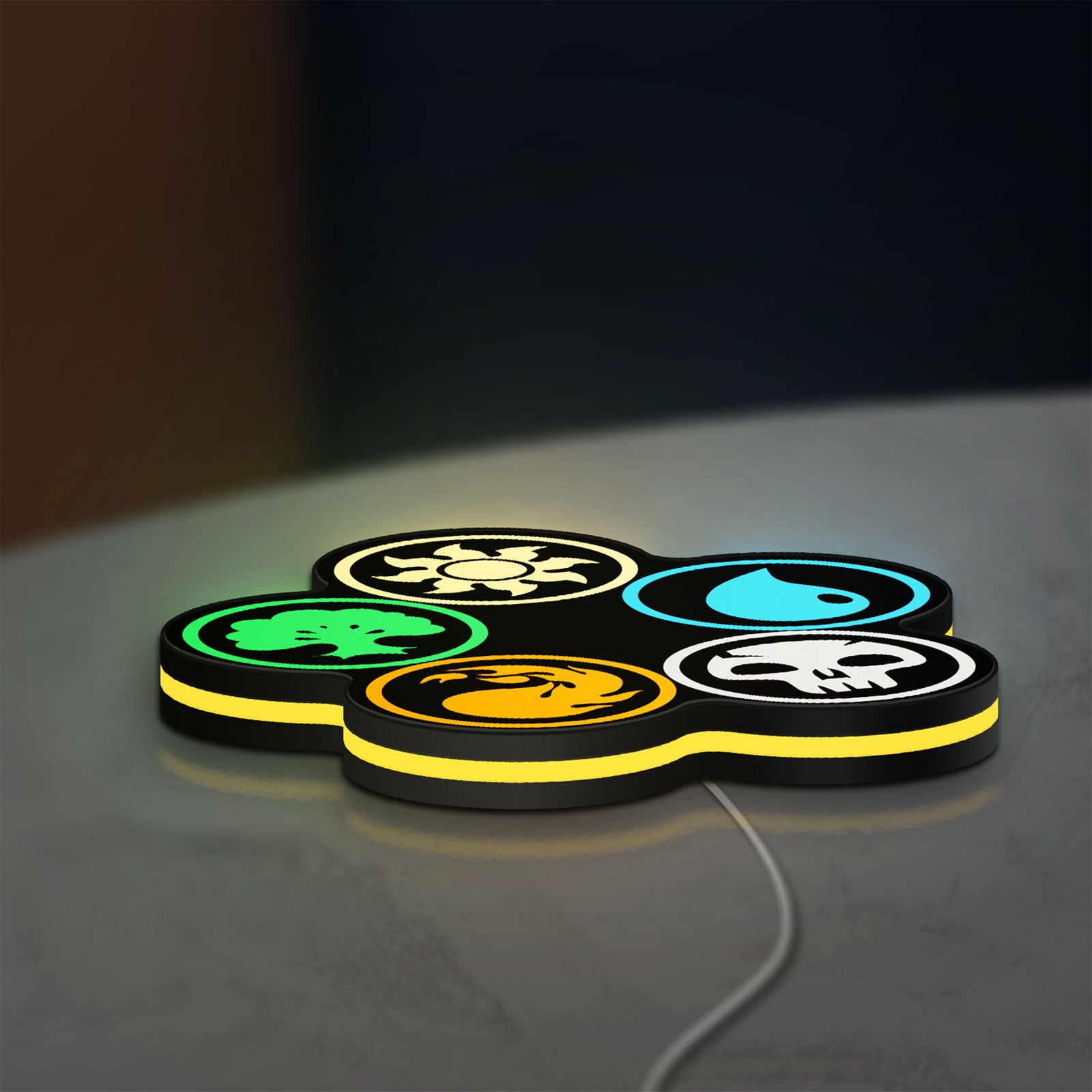 Magic The Gathering LED lightbox lying flat on a desk with yellow glow