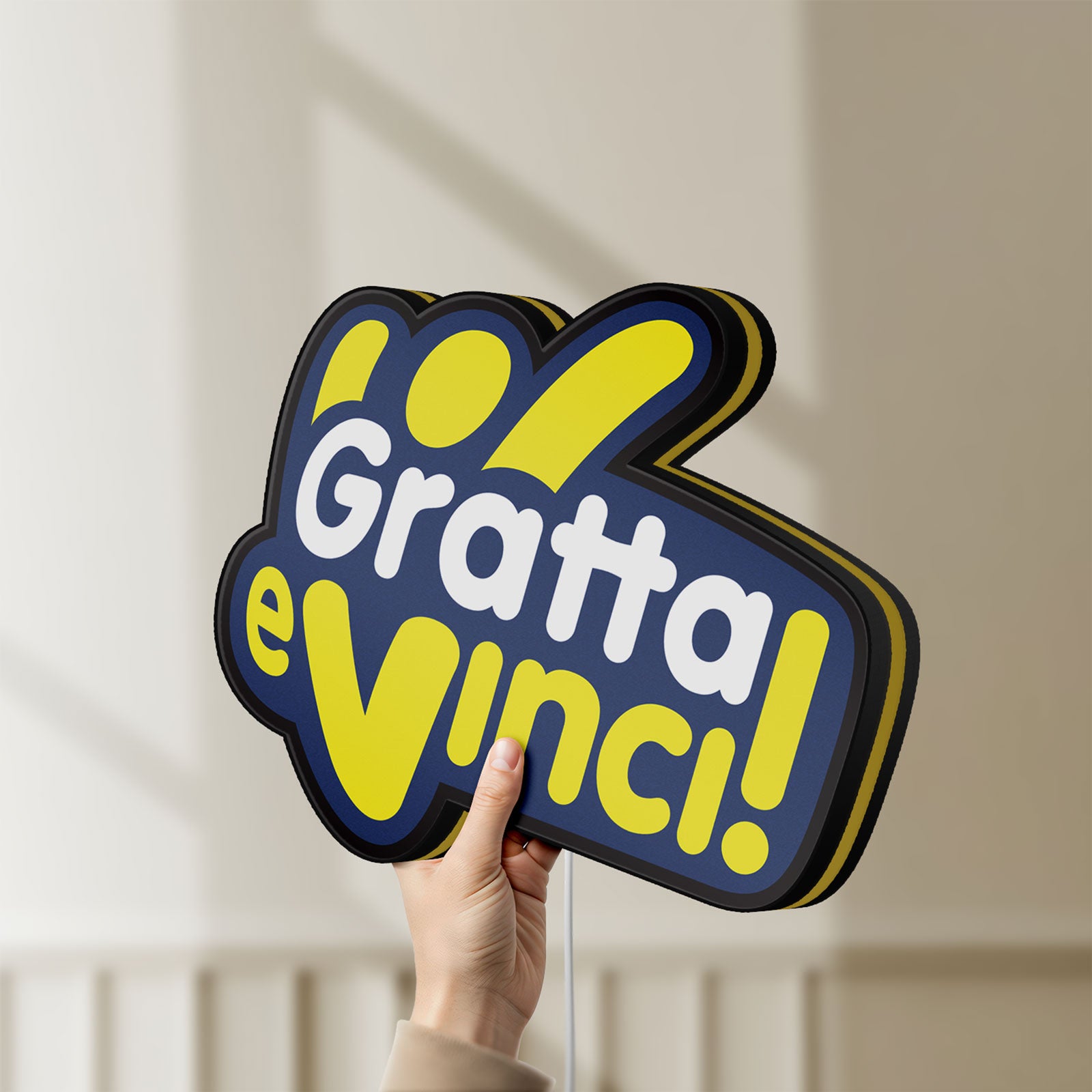 Unlit Gratta e Vinci LED lightbox held by hand to show size and details