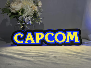 30cm Capcom 3D Printed Sign - Illuminated front view standing, unique wall art for desk and room decor
