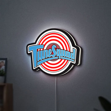 TuneSquad LED lightbox hanging on a wall with white glow