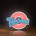 Front view of TuneSquad LED lightbox sign glowing on a wooden desk