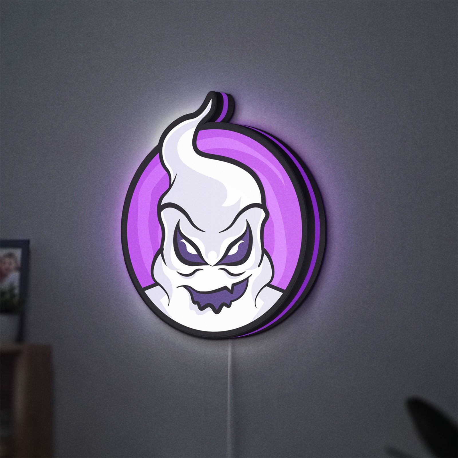 Club Misterio LED lightbox hanging on a wall with purple glow