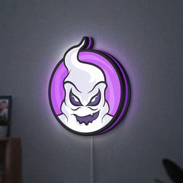 Club Misterio LED lightbox hanging on a wall with purple glow