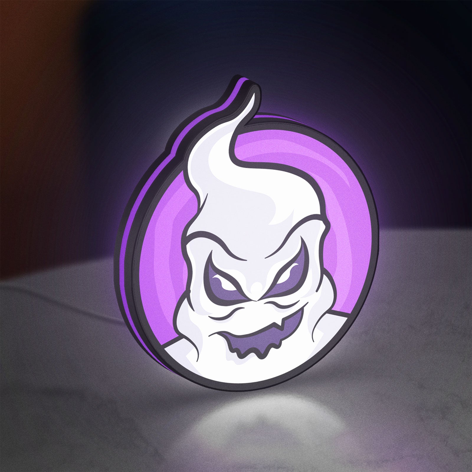 Club Misterio LED lightbox standing on a desk from an angled side view with purple glow