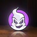 Front view of Club Misterio LED lightbox sign glowing on a wooden desk